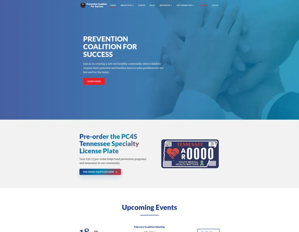 PC4S community coalition website showing resources and events